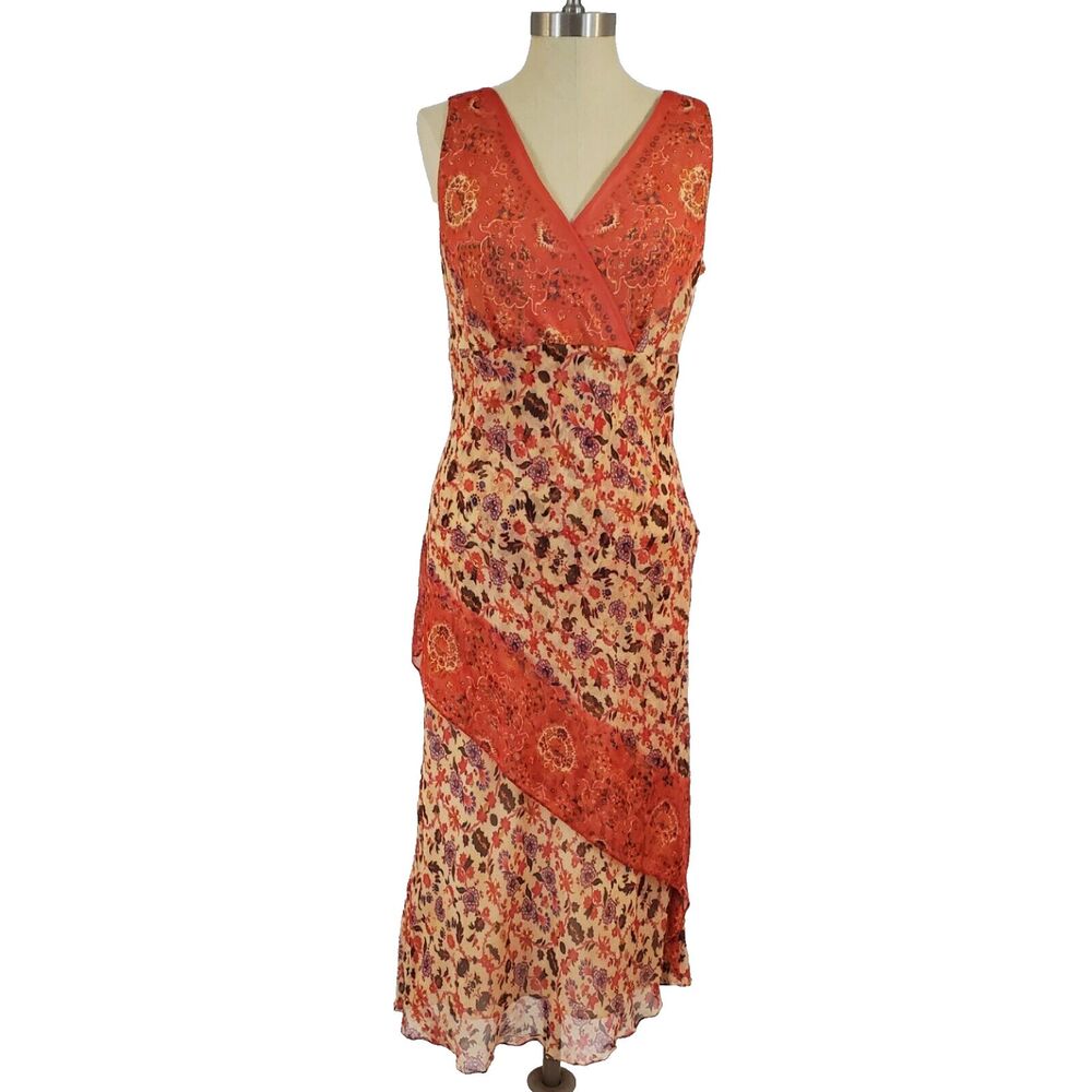 Maggy London Y2K Silk Faux Wrap Tiered Midi Dress 12 Empire Waist Boho 90s